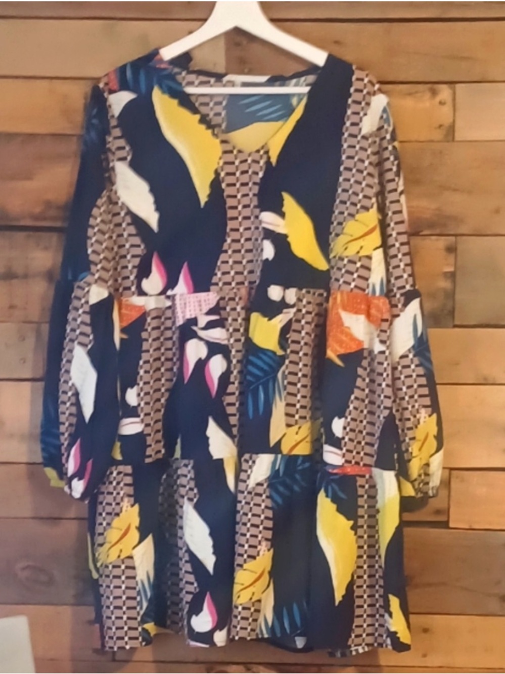 Long Sleeve Printed Tiered Dress in Black & Yellow
